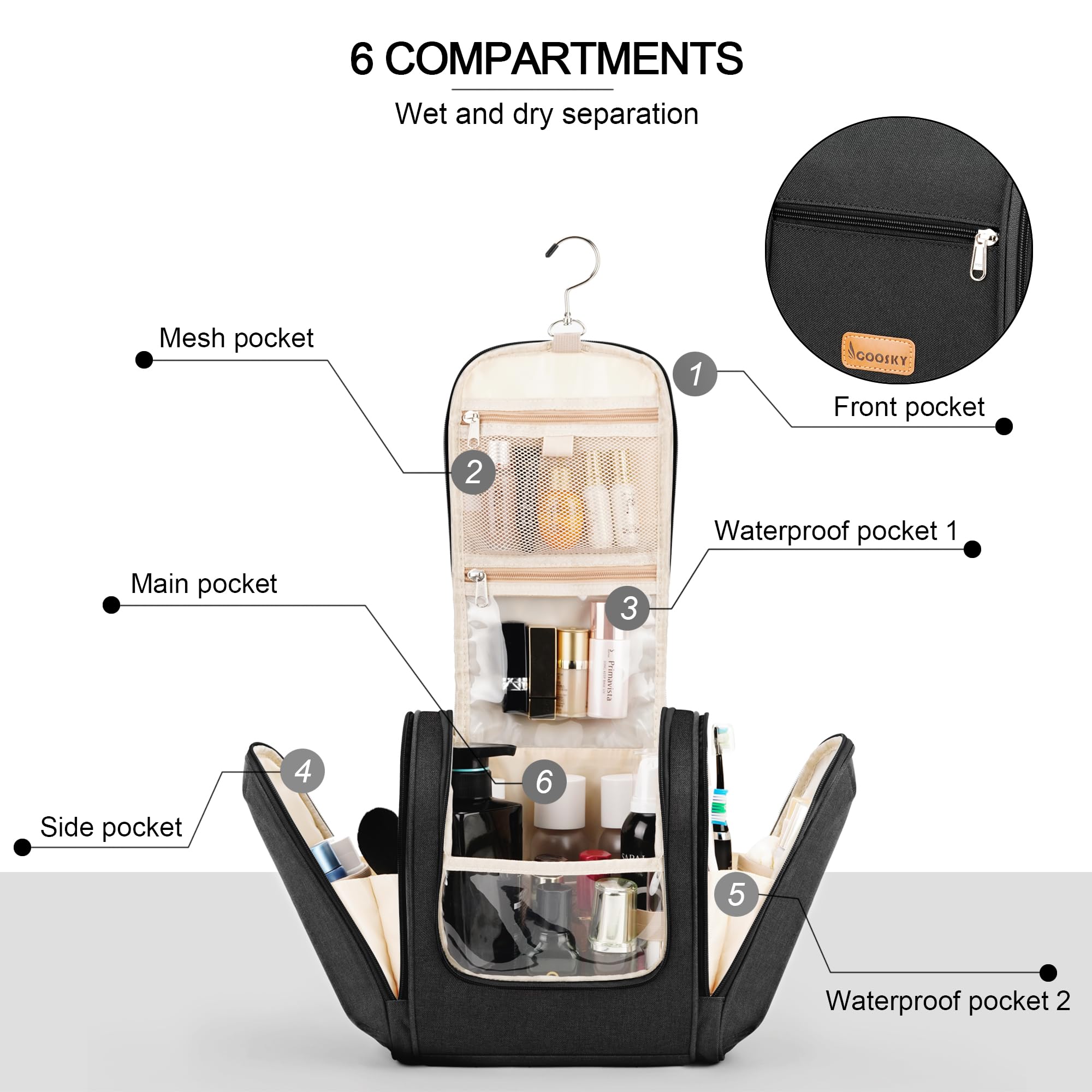 Travel Hanging Toiletry Bag for Women and Men, 6 Organizer Compartments, Holds Full Size Bottles, Extra Large Cosmetic Accessories, Makeup essentials, Bathroom Water-resistant Toiletries Bag, Black