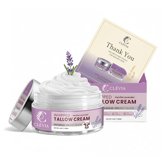 CLÉVIA 100% Grass-Fed Whipped Tallow Cream - 4 OZ Anti-Wrinkle Face and Body Balm with Jojoba Oil Non-Comedogenic - Deep Hydration for Dry, Sensitive and Irritated Skin (Vanilla Lavender)
