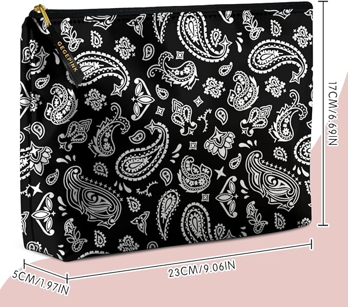GEGEPINK Cute Makeup Bag for Purse Waterproof Cosmetic Bags for Women Funny Smooth Zipper Travel Toiletry Pouch 10X8 Inches-Paisley Floral-Black Makeup pouch