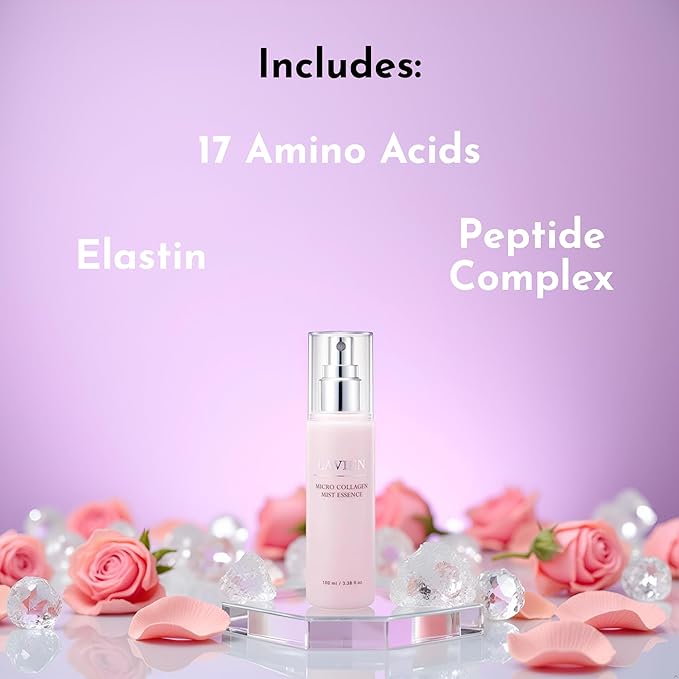 LAVIEN - Collagen Face Mist Spray - 62.7% Hydrolyzed Collagen Hydrating Facial Mist - Korean Skincare Essence with Elastin & Peptides for Plump Skin - 3.38 FL Oz