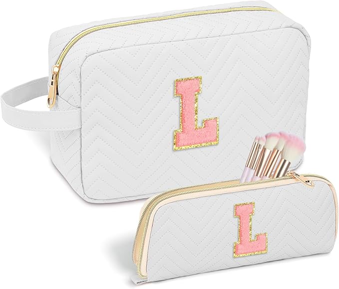 Personalized Initial Makeup Bag Trendy Stuff Leather Waterproof Cosmetic Bag Travel Toiletry Bag, Makeup Organizer Case Mother's Day/Birthday/Graduation Gifts for Women Girls Mom Girlfriend White.