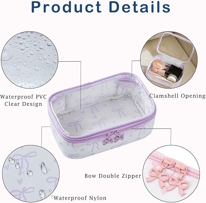 RSRSLEII Cute Clear Makeup Bag with Bow Pattern,Transparent Nylon Travel Cosmetic Case with Zipper,Portable Makeup Organizer Pouch for Essentials(03Purple)
