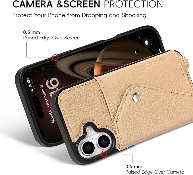 LUCKYCOIN Crossbody Phone Case for iPhone 17,100% Genuine Leather Phone Wallet Case for Women, Fashion Premium Hands-Free Phone Purse with Expandable Flip Card Holder & Adjustable Strap - Pebble Beige