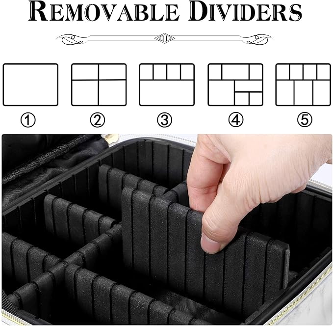 Oewoer Travel Makeup Bag 10.4 Inches Portable Makeup Train Case Cosmetic Bag Organizer with Adjustable Dividers and Shoulder Strap for Cosmetics Brushes Toiletry Jewelry Digital Accessories (Marble)