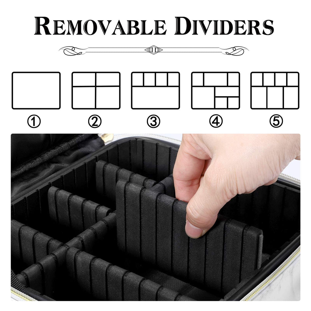 Oewoer Travel Makeup Bag 10.4 Inches Portable Makeup Train Case Cosmetic Bag Organizer with Adjustable Dividers and Shoulder Strap for Cosmetics Brushes Toiletry Jewelry Digital Accessories (Marble)