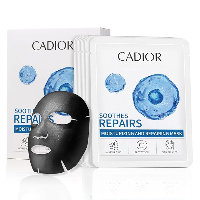 CADIOR Moisturizing and Soothing Face Mask with Panthenol and Sodium Hyaluronate, Hydrating & Radiance Boosting, Safe for Sensitive Skin, Charcoal Face Mask, Pack of 10