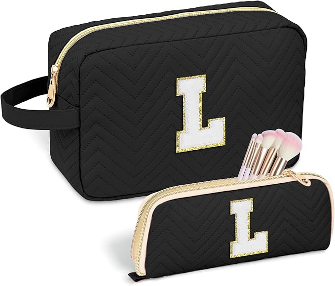 Sernaxi Personalized Initial Makeup Bag Waterproof Leather Cosmetic Bag Travel Toiletry Bag, Valentine’s Day Gift Makeup Organizer Case & Makeup Pouch for Women Teen Girls Mom Girlfriend Wife