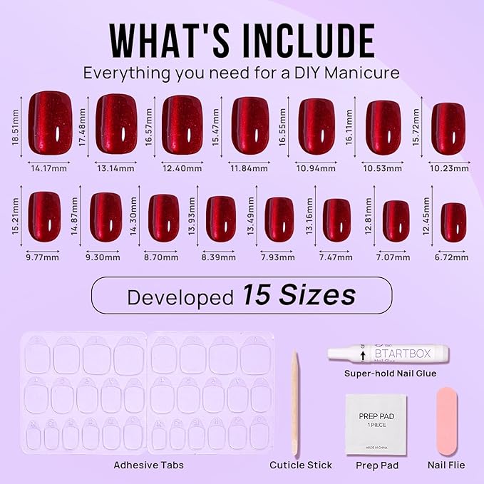 BTArtbox Press On Nails, Hot Love, Short Square, Red Cat Eye, 32Ct