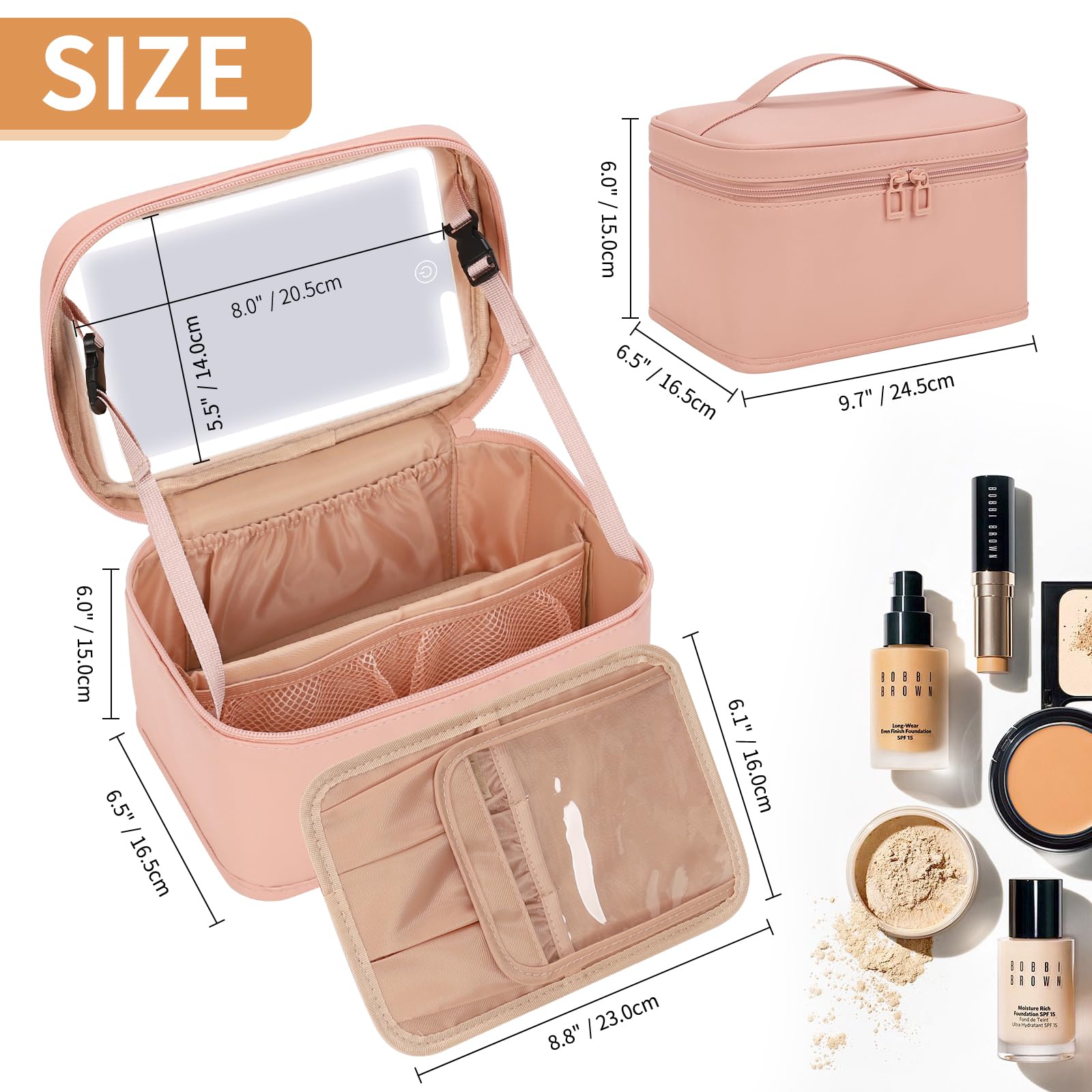 Makeup Bag With LED Mirror, Lightweight Travel Makeup Bag With 3 Color Setting Light Up Mirror Cosmetic Makeup Organizer Vanity Case for Women Beauty Tools Accessories Rechargeable Train Case-Pink