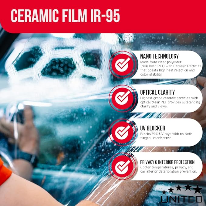 United Ceramic Pro Window Tint Car 24In x100Ft 2Ply Nano Ceramic IR-95 with 35% VLT - Outstanding Clarity & Views Window Tint for Car Home Blocks UV/IR Rays, Adhesive Film W/Lifetime Color Stability