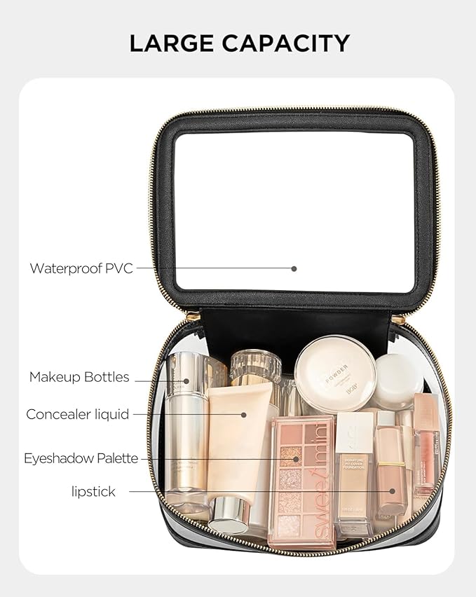 Vorey Medium Clear Makeup Bag for Women, Portable Travel Makeup Bag Organizer Waterproof Toiletry Bag Cute Makeup Bags Cosmetic Bag Makeup Pouch, Black