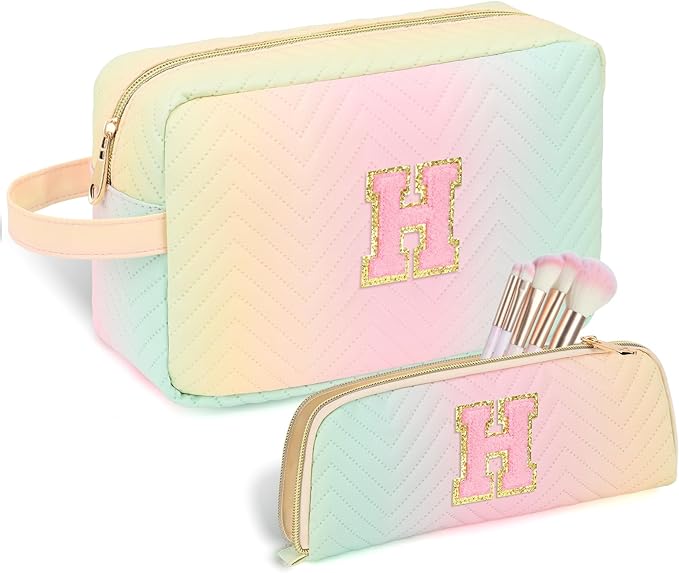 Sernaxi Personalized Initial Makeup Bag Waterproof Leather Cosmetic Bag Travel Toiletry Bag, Valentine’s Day Gift Makeup Organizer Case & Makeup Pouch for Women Teen Girls Mom Girlfriend Wife