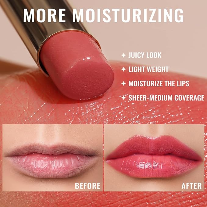 Oulac Coral Peach Red Lipstick for Women, Moisturizing Lipsticks, Glass Shine Tinted Lip Balm, Sheer Shine Juicy Lip Gloss, Lightweight and Hydrating Formula for Dry Lip Care, Vegan Lipstick (04)