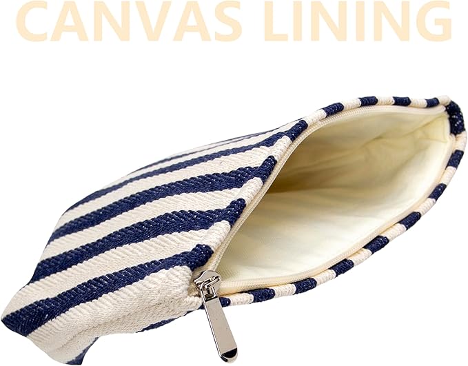 Flat Makeup Bag for Women,Zipper Cosmetic Pouch for Purse,Stripe Navy Blue