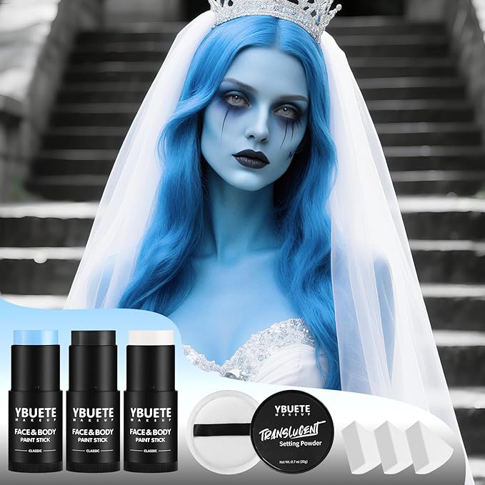 YBUETE Black White Light Blue Face Body Paint Stick Set for Halloween SFX