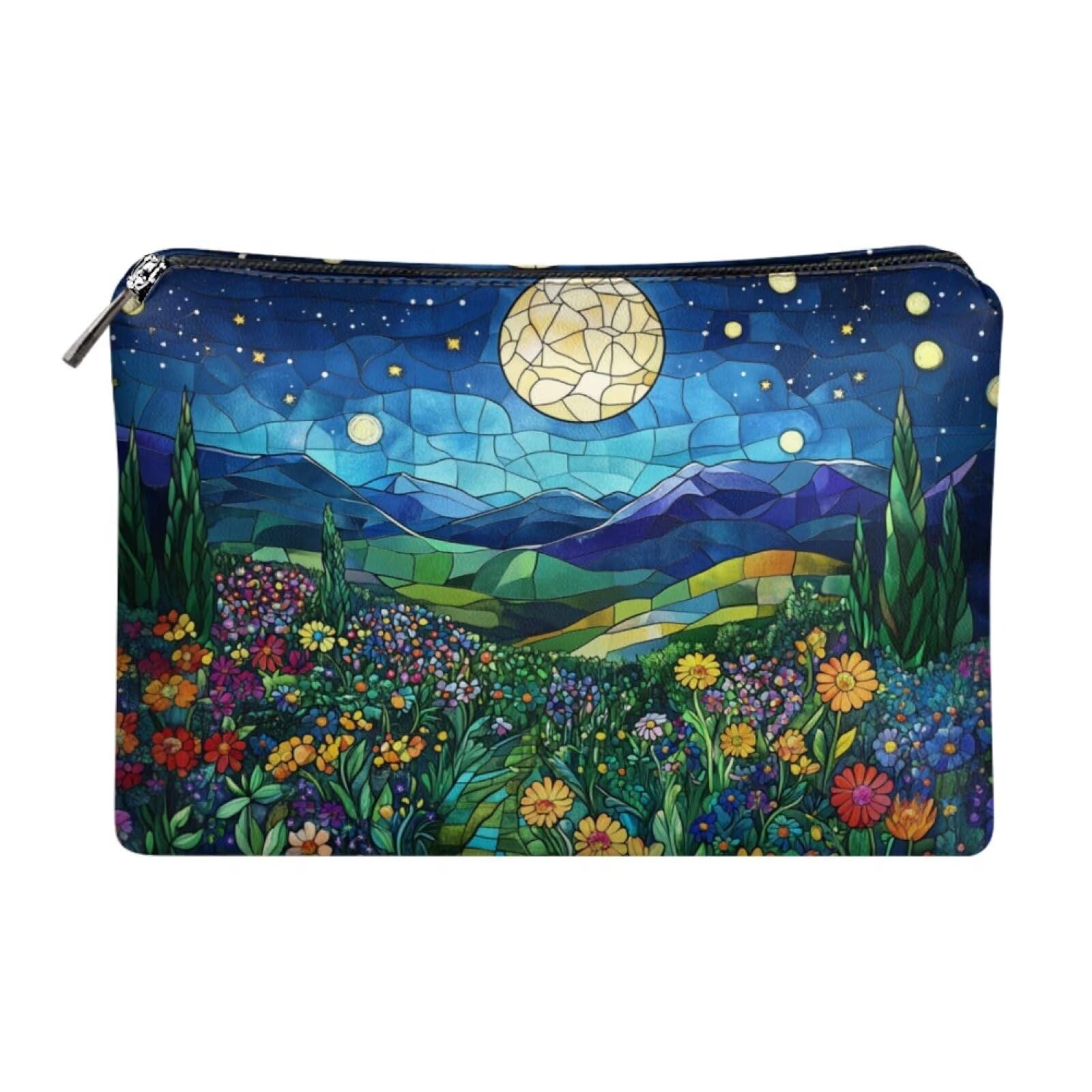 COEQINE Ladies Leather Cosmetic Purse Trend Women Travel Make Up Bag Organizer Bag for Women Trend Casual Bag Party Purse,Blue Starry Sky Art Print Easy To Clean