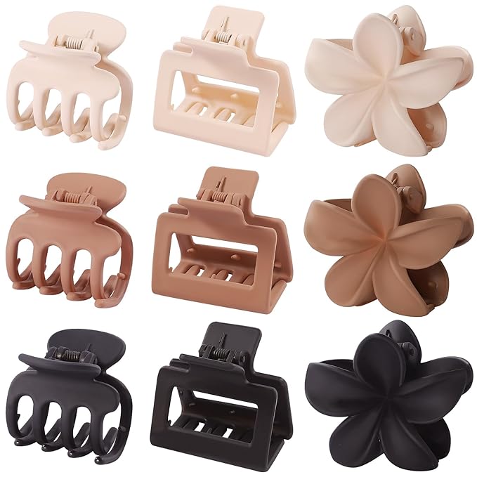 Hair Clips for Women 9 Pack Medium Claw Clips, No Slip Strong Hold Hair Clips for Thick & Thin Hair, Flower Square Aesthetic Styles for Everyday Styling, Trendy Hair Accessories (Brown)