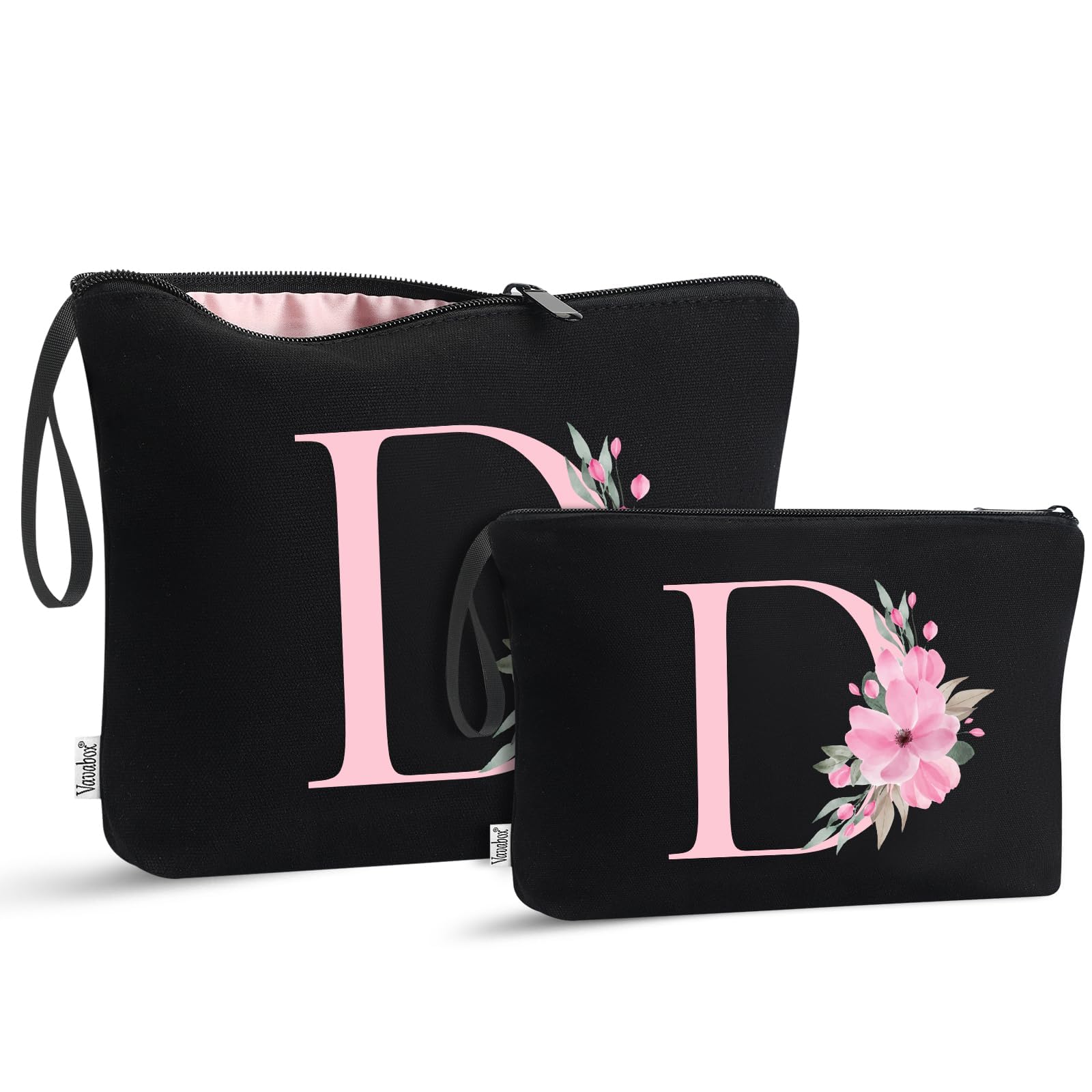 Vavabox A-Z Personalized Makeup Bag, Birthday Gifts for Women Mom, Gifts for Best Friend, Bride Bridesmaid Cosmetic bag (D, 04-Black Set)