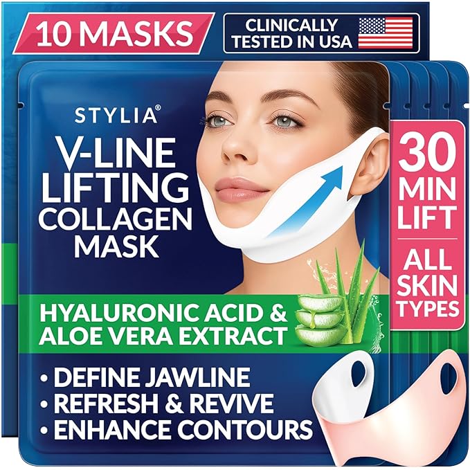 Stylia V Line Lifting Collagen Mask - Lift, Firm & Contour Jawline - Tightening Double Chin Strap with Hyaluronic Acid & Aloe - Neck Tightening and Lifting Mask - Jawline Shaper Face Lift Tape (10PC)