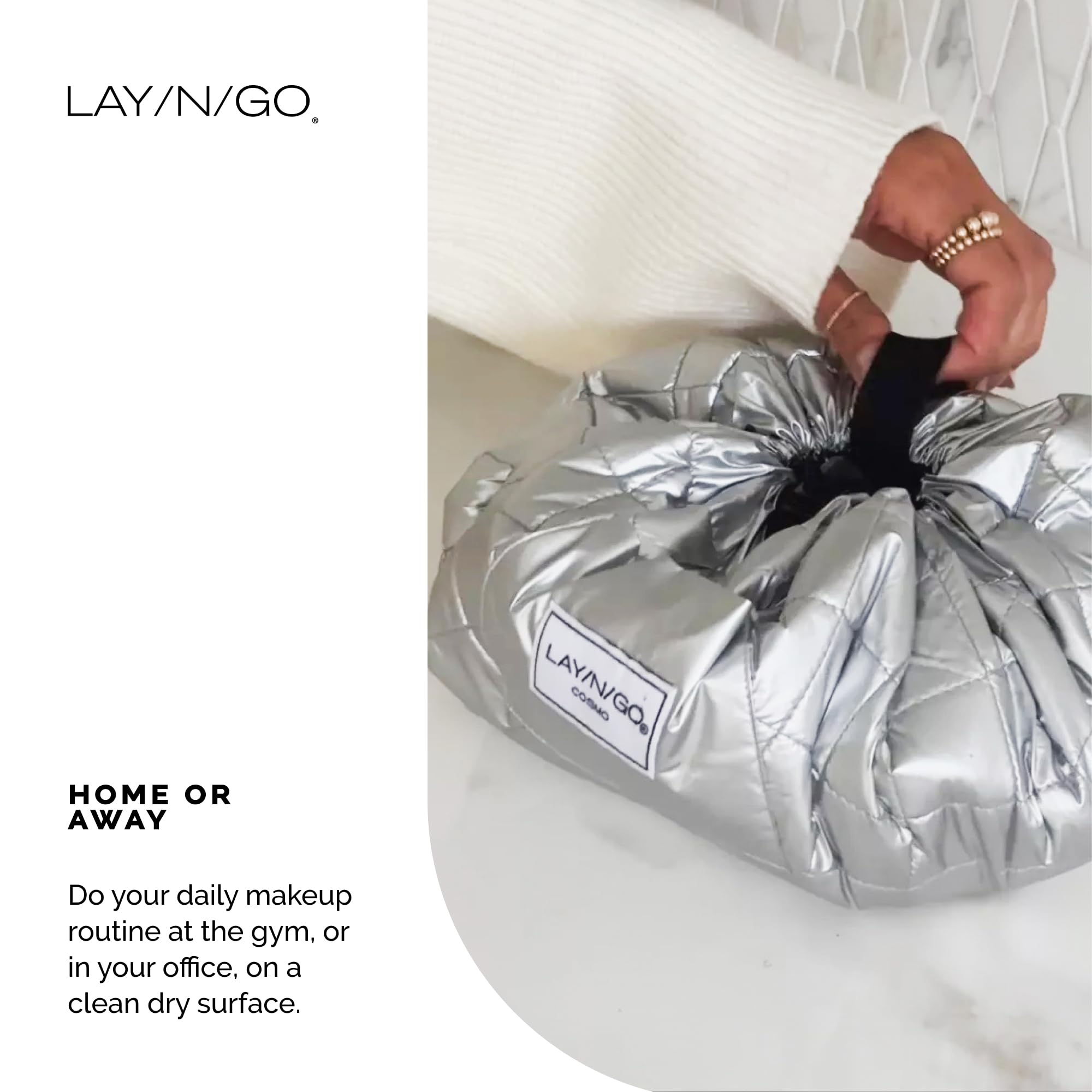 Lay-n-Go Cosmo Drawstring Cosmetic & Makeup Bag Organizer - Portable Drawstring Makeup Bag w/Zipper Pocket, Makeup Loops & More - Durable, Machine Washable Toiletry Bag (20", Blue Snakeskin)