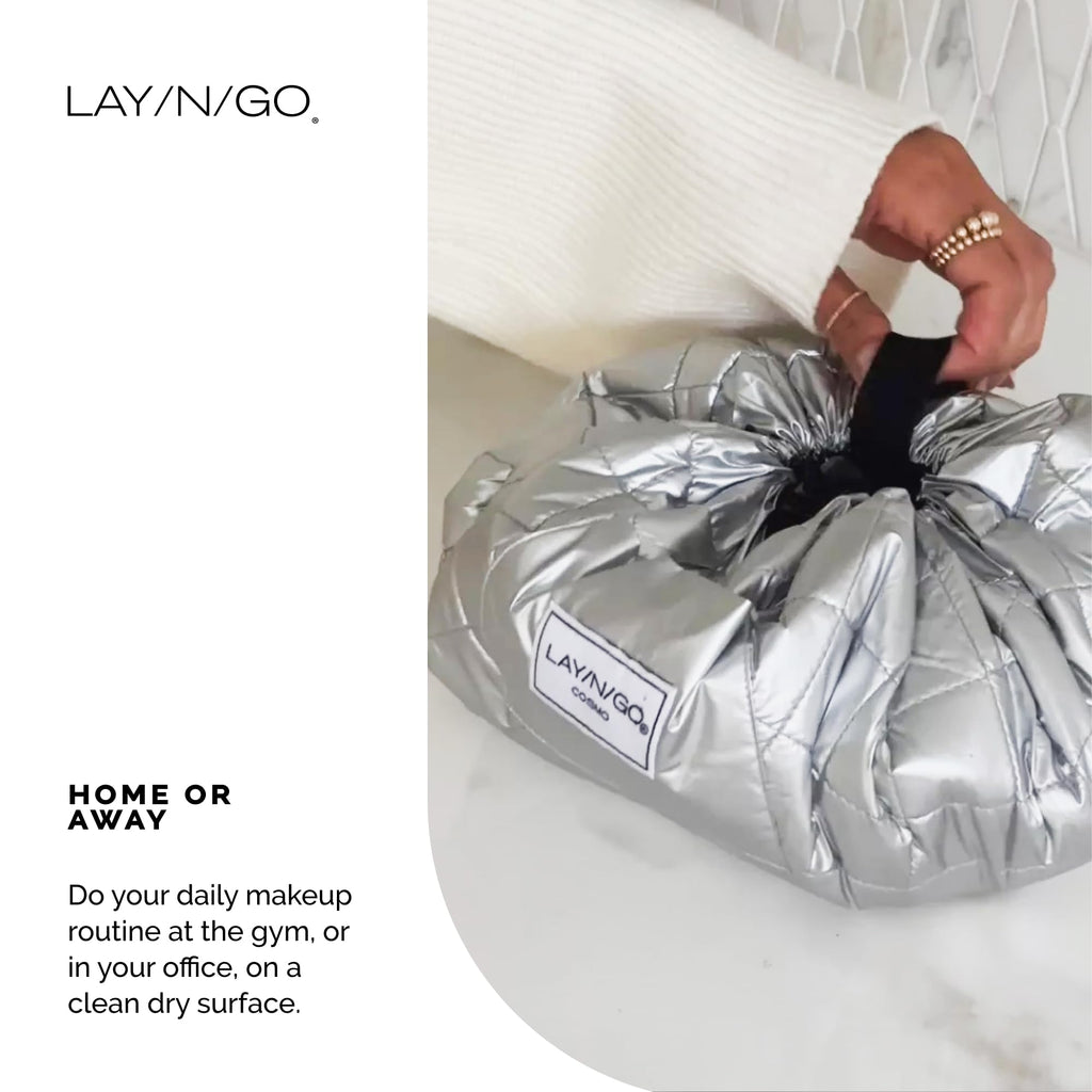 Lay-n-Go Cosmo Layflat Drawstring Cosmetic & Makeup Bag Organizer w/Zipper Pocket, Brush Loops & More, Cinch to Close, Lay Flat to Use, Durable, Machine Wash, Travel Toiletry Bag (20", Navy)