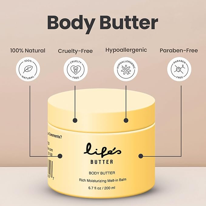 Life’s Butter Body Butter – Deeply Hydrating Moisturizer with Shea Butter, Jojoba & Sweet Almond Oil – Lightweight, Non-Greasy Body Cream – Developed & Manufactured in the USA – 6.7 oz