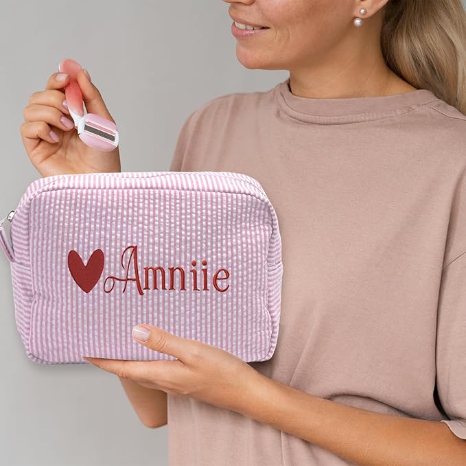 jcyif Custom Makeup Bag Personalized Cosmetic Bag Cute Seersucker Travel Toiletry Bag for Women Embroidered Bag Organizer for Bride Makeup Bag Gift Darkblue
