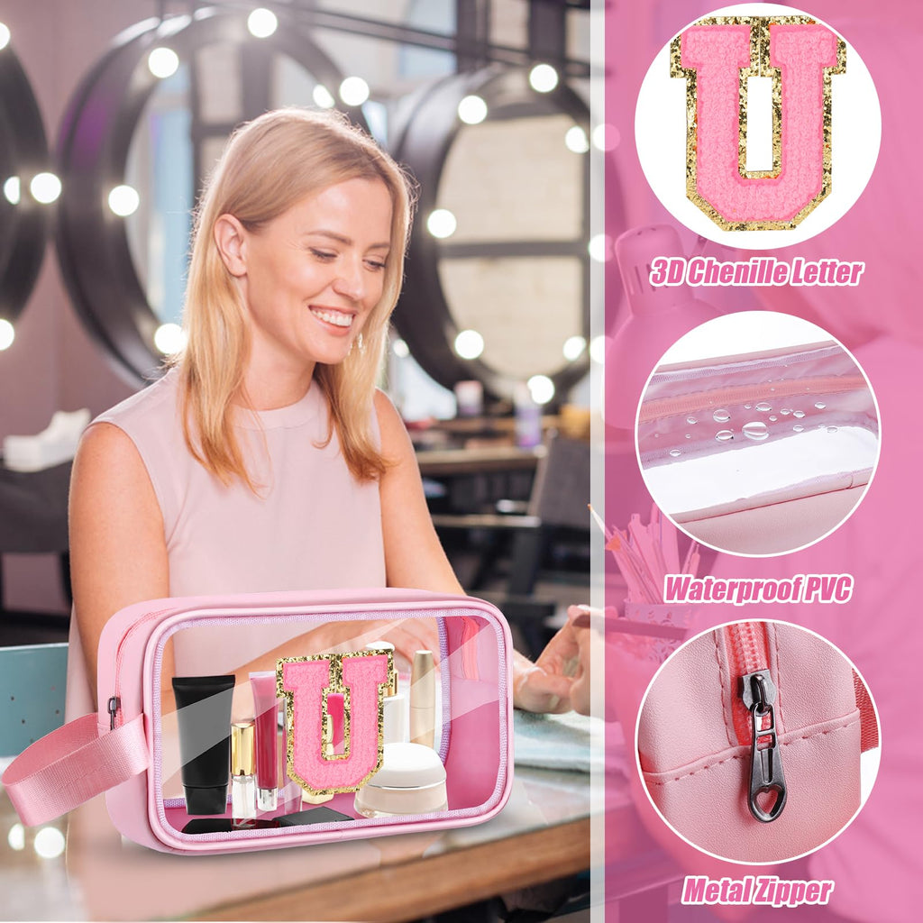 Vodolo Initial Makeup Bag,Letter U Cute Clear Monogrammed Cosmetic Travel Bag for Womens Girls,Personalized Pink Aesthetic Traveling Make Up Organizer Bag for Beach,Waterproof Toiletry Bag