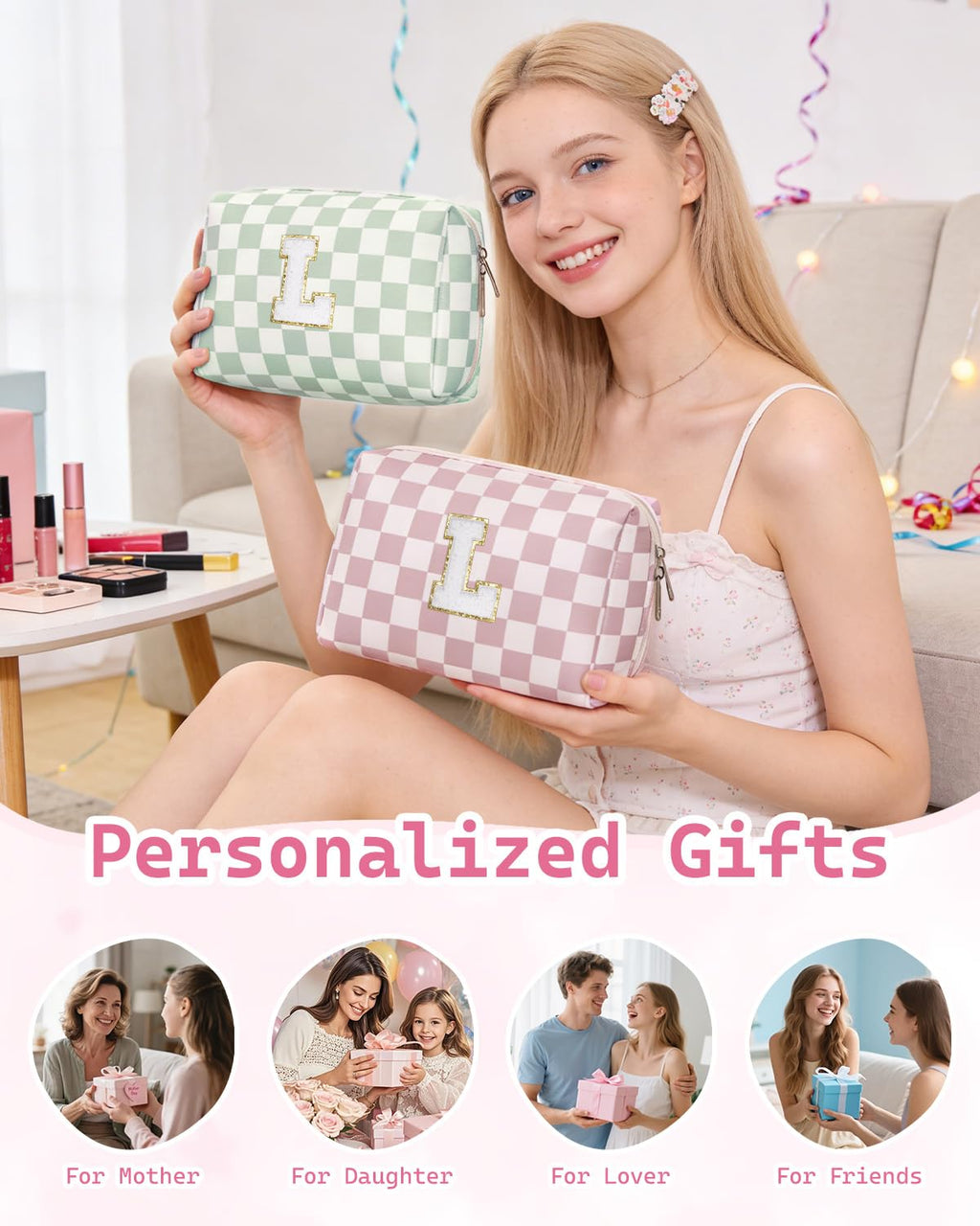 Narwey Birthday Gifts for Teen Girls Kids Women Personalized Initial Checkered Makeup Bag Pink Monogram Cosmetic Bag Trendy Stuff 6 8 10 11 12 13 14 16 18 Years Old Travel Toiletry Bag (Dusty Rose L)