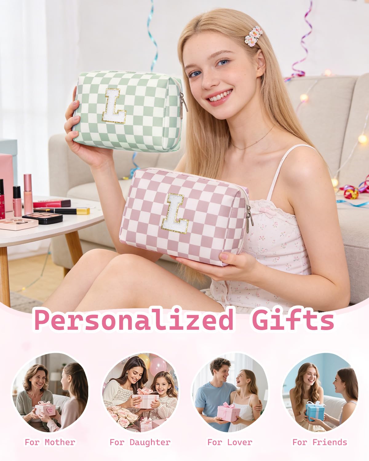 Narwey Birthday Gifts for Teen Girls Kids Women Personalized Initial Checkered Makeup Bag Pink Monogram Cosmetic Bag Trendy Stuff 6 8 10 11 12 13 14 16 18 Years Old Travel Toiletry Bag (Dusty Rose L)
