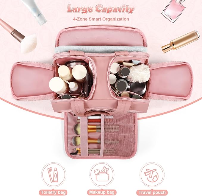 todbown Travel Toiletry Bag:  Large Capacity, 4 Compartments, Wet/Dry Separation, Ultra-Soft Lightweight Fabric & Anti-Spill Design for Travel,Gym,Gift(11.8" L) (Raspberry Pink)