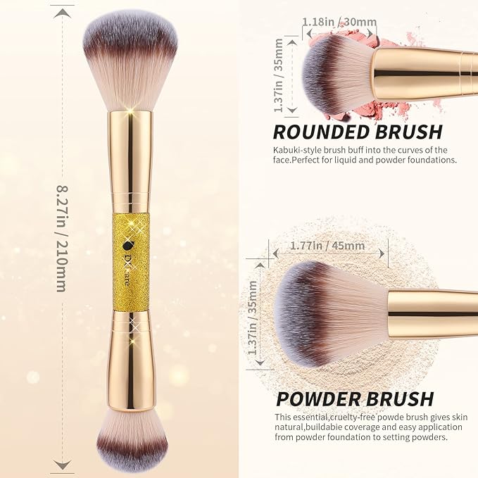 DUcare Dual End Powder Kabuki Makeup Brush Gold Glitter Vegan Synthetic for Liquid Cream Setting Powder