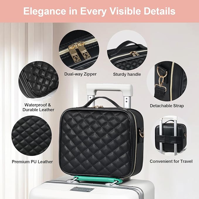 BEAUTY CASE Makeup Bag with Led Mirror, 10 Inch Portable Cosmetic Vanity Organizer Case with Adjustable Dividers, USB Charging, Large Capacity, Ideal for Travel, Gift for Women Girls, Black