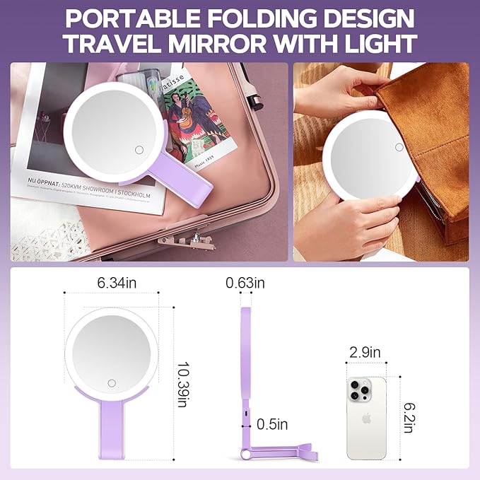 MIYADIVA Lighted Makeup Mirror, 30X Magnifying Mirror with Light, Hanging and Handheld Mirror with Handle, Purple