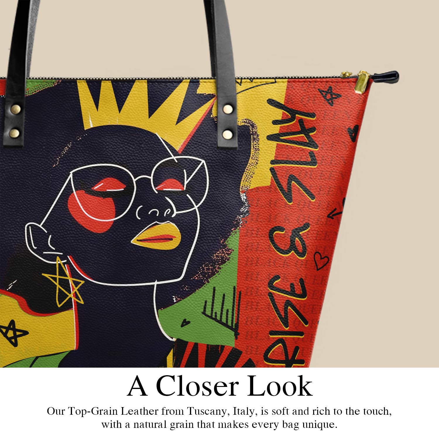 Afroyla Afrocentric Art Totebag for Black Women – Premium Leather, Work & Everyday Bag, Ideal Gift for Her on Mother's Day