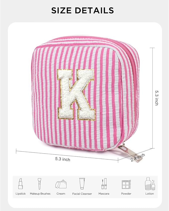 Easter Basket Gifts for Kids Teen Girls- Personalized Initial Cute Pink Cosmetic Makeup Bag Pouch Make Up Bags Travel Toiletry Bag for Her Mom Girlfriend Wife Teacher 18th Birthday Gifts for Girls