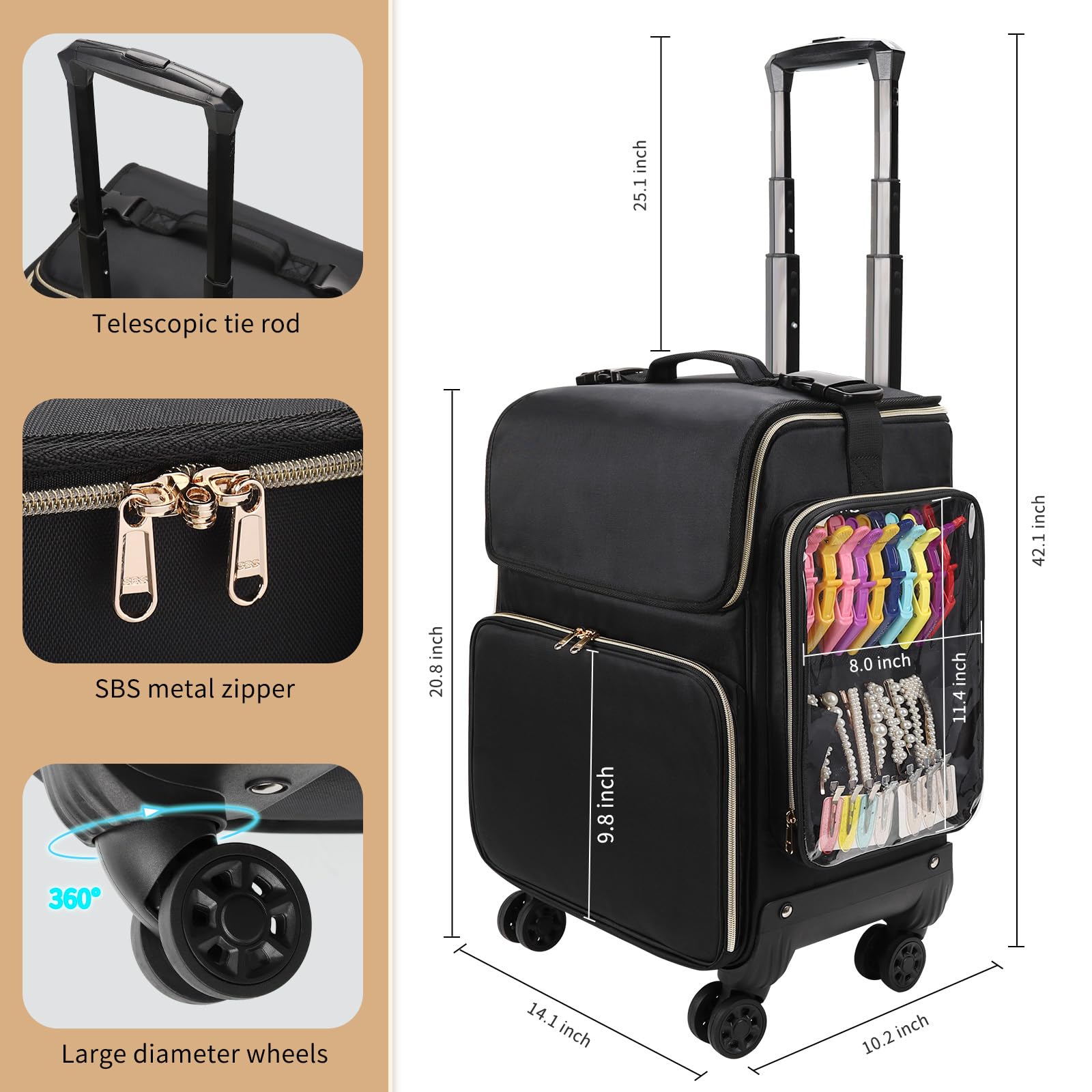 Large Makeup Train Case for Hairstylists & Hairdressers - Cosmetic Organizer with Detachable Pouch, Heat-Insulated & Anti-Scald Full Layer, Hairdressing Tool Storage Trolley with 4 360 Swivel Wheels