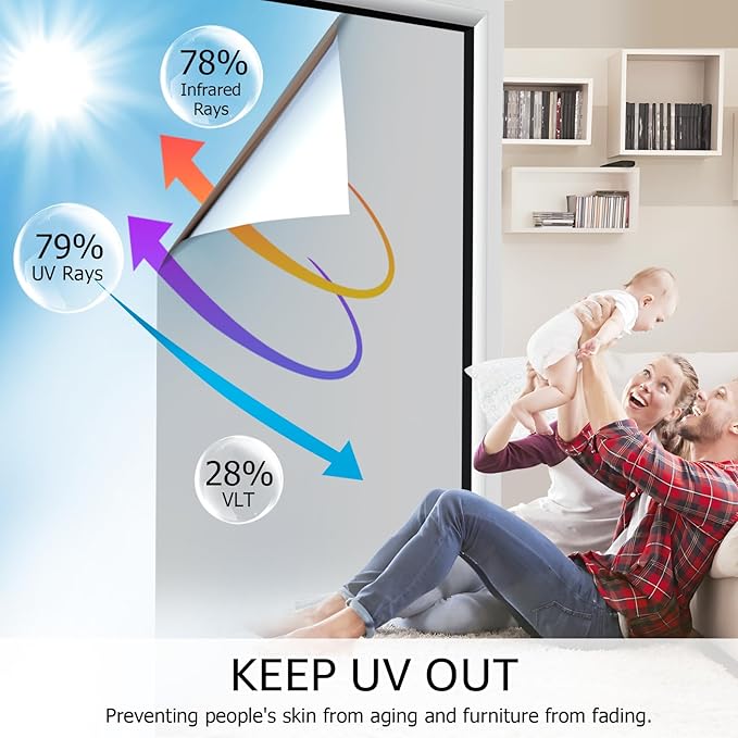 HIDBEA One Way Privacy Window Film, Daytime Privacy Sun Blocking Anti UV Reflective Window film Heat Control Static Cling Window Tint film for Home and Office, Silver, 35.4 x 196.8 Inch