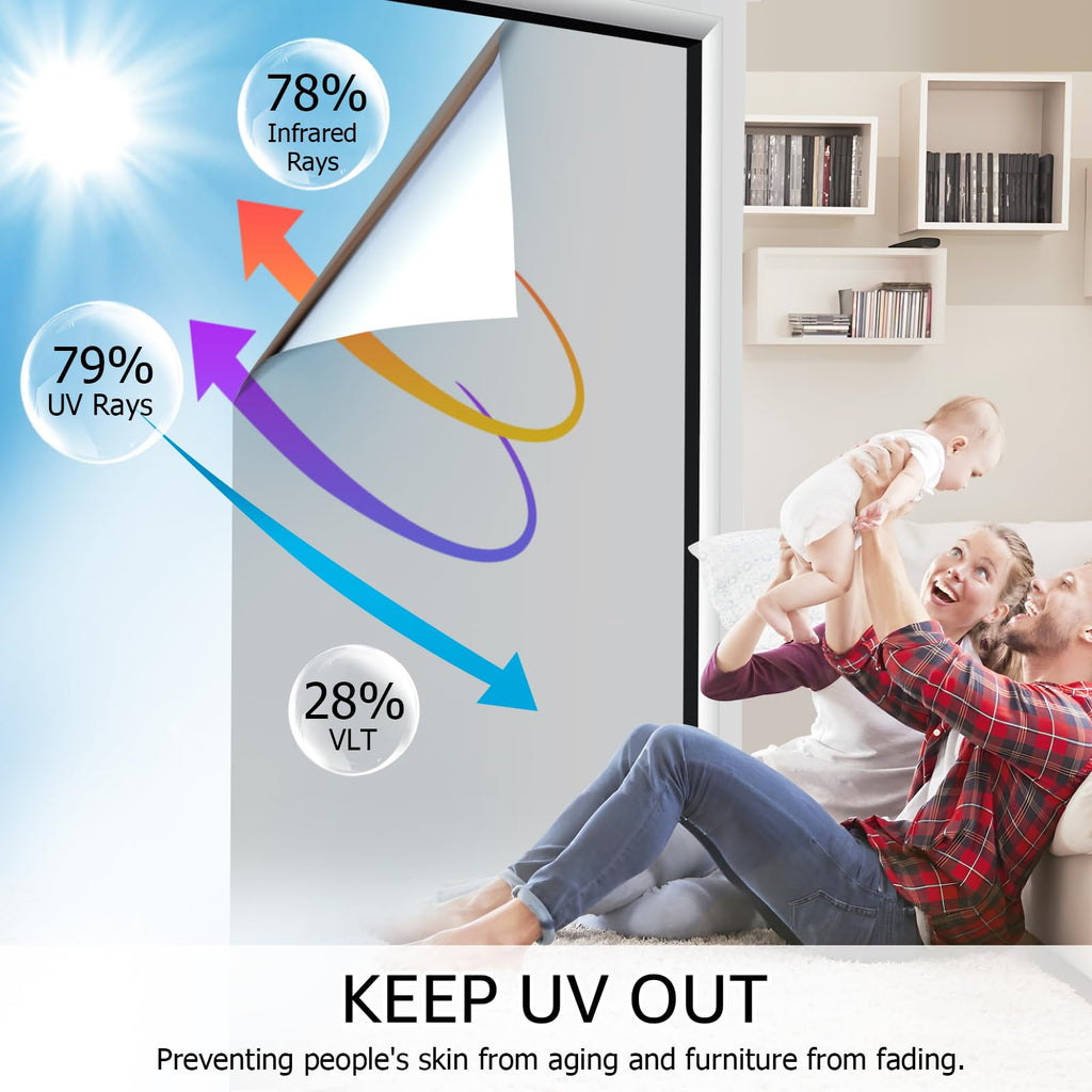 HIDBEA One Way Privacy Window Film, Daytime Privacy Sun Blocking Anti UV Reflective Window film Heat Control Static Cling Window Tint film for Home and Office, Silver, 35.4 x 98.4 Inch