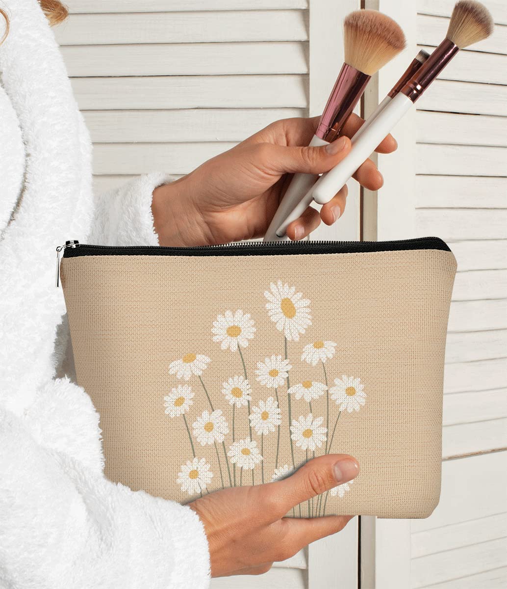 BARPERY Daisy Makeup Bag for Women - Pink Cosmetic Bag with Zipper - Travel Toiletry Bag Idea for Teen Girls & Women, Birthday or Christmas Presents