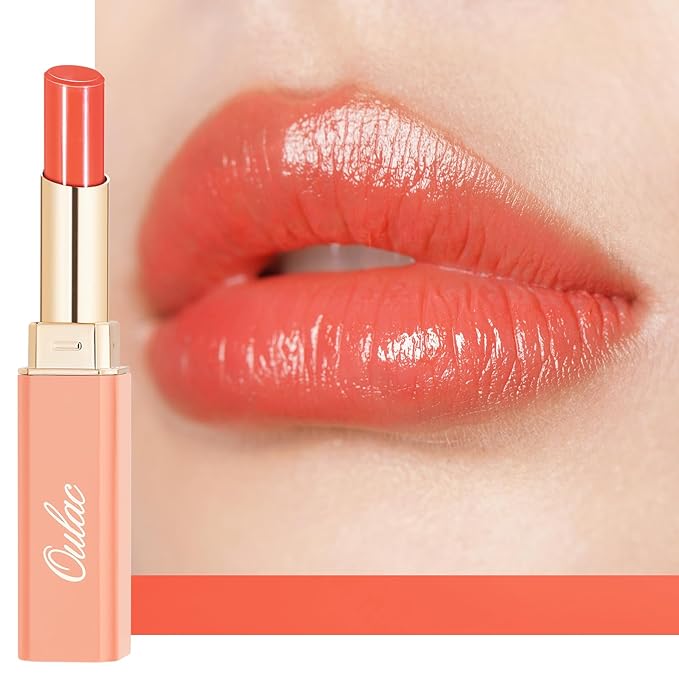 Oulac Moisturizing Orange Red Lipstick for Women, Glass Shine Lip Stick Tinted Lip Balm, Hydrating Lip Gloss for Dry Lips,Shine Juicy Finish Vegan Lipsticks 2.2g/0.07oz G12
