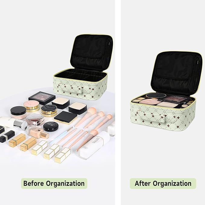 M Y U R E N Travel Makeup Bag,Waterproof Cosmetic Organizer, Adjustable Dividers,Portability Cosmetic Train Case,Makeup organizer,Gift for Women,Girls Gift (Green+Yello)