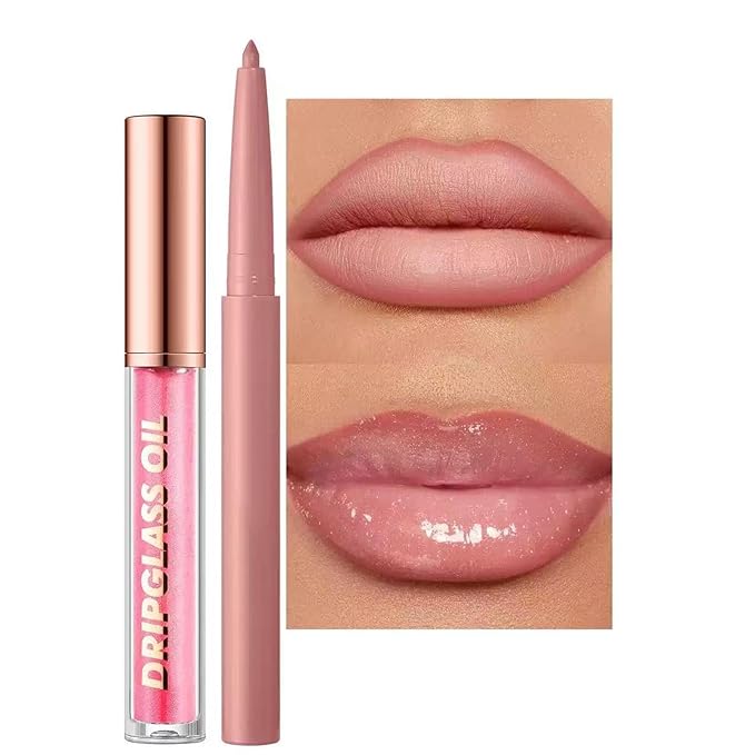 Hyesamyo Pink Lip Liner Waterproof Lip Liner and Gloss Set High Pigment Long Lasting Plum Smudge proof Lip Gloss and Lip Liner Set (01# Light Pink)