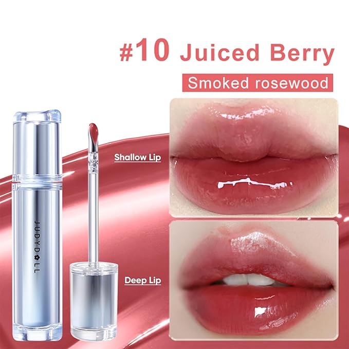 JUDYDOLL Ice Watery Lip Gloss, Waterproof Long-lasting Moisturizing Liquid Lipstick, Mirror Lip Glazes, Plumping Gloss (#10 Juiced Berry, 2.4 grams)