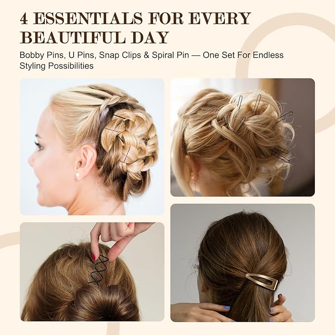 FLAREANN Brown & Black Bobby Pins Set with U Shape, Spiral Pin & Snap Clips