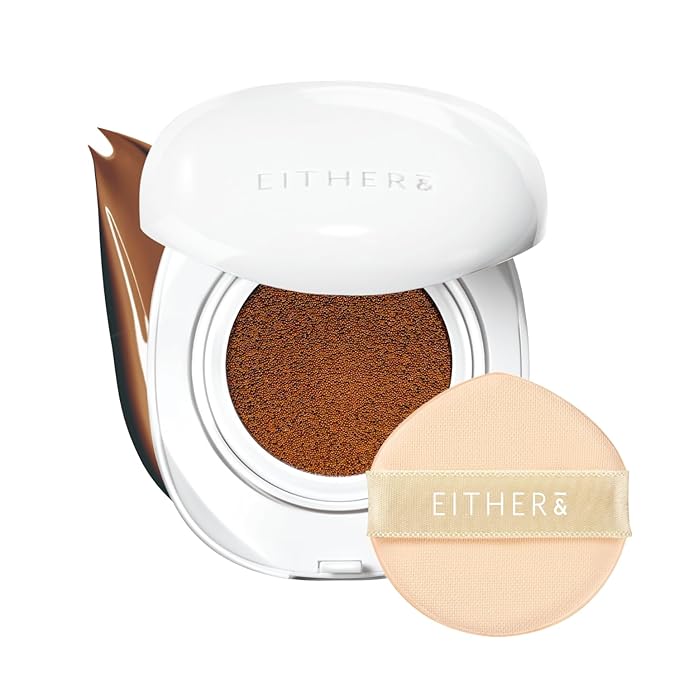 EITHER& Glow Pixel Cushion Foundation, Korean Glass Skin Finish, 62% Skincare-Infused, Antioxidant-Rich, Long-Lasting, Buildable Coverage (32N Caramel, 12g)