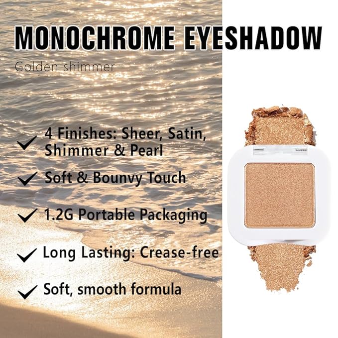 FeiCuiYun Glitter Single Eye Shadow Palette Makeup, Golden Sparkle Shimmer Monochrome Eyeshadow For Older Women, Mini Pressed Pigmented Waterproof Sombras Para Ojos,Vegan, Talc, Paraben&Cruelty Free
