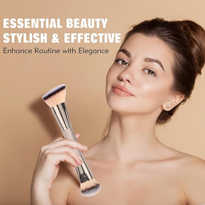 Dual-Ended Foundation Brush: Round & Angled makeup brushes, 100% Vegan Synthetic Makeup Brush for Flawless Blending and Application of Liquid, Powder, Cream, Blush
