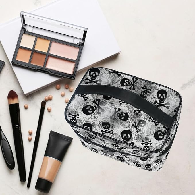 MNSRUU Makeup Bags, Gothic Skulls Black Grey Paisley Makeup Organizer Bags Toiletry Bag Box Travel Cosmetic Bag Make Up Train Case for Women Teen Girl Ladies