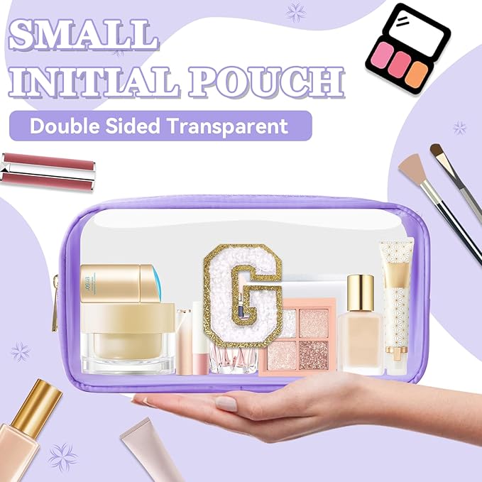 Small Clear Personalized Initial Makeup Bag,Nylon Preppy A-Z Chenille Letter Patch Cosmetic Pouch Beach Toiletry Bag,Waterproof Zip Travel Purse Storage Bag Organizer for Women Girls(Purple-White G)